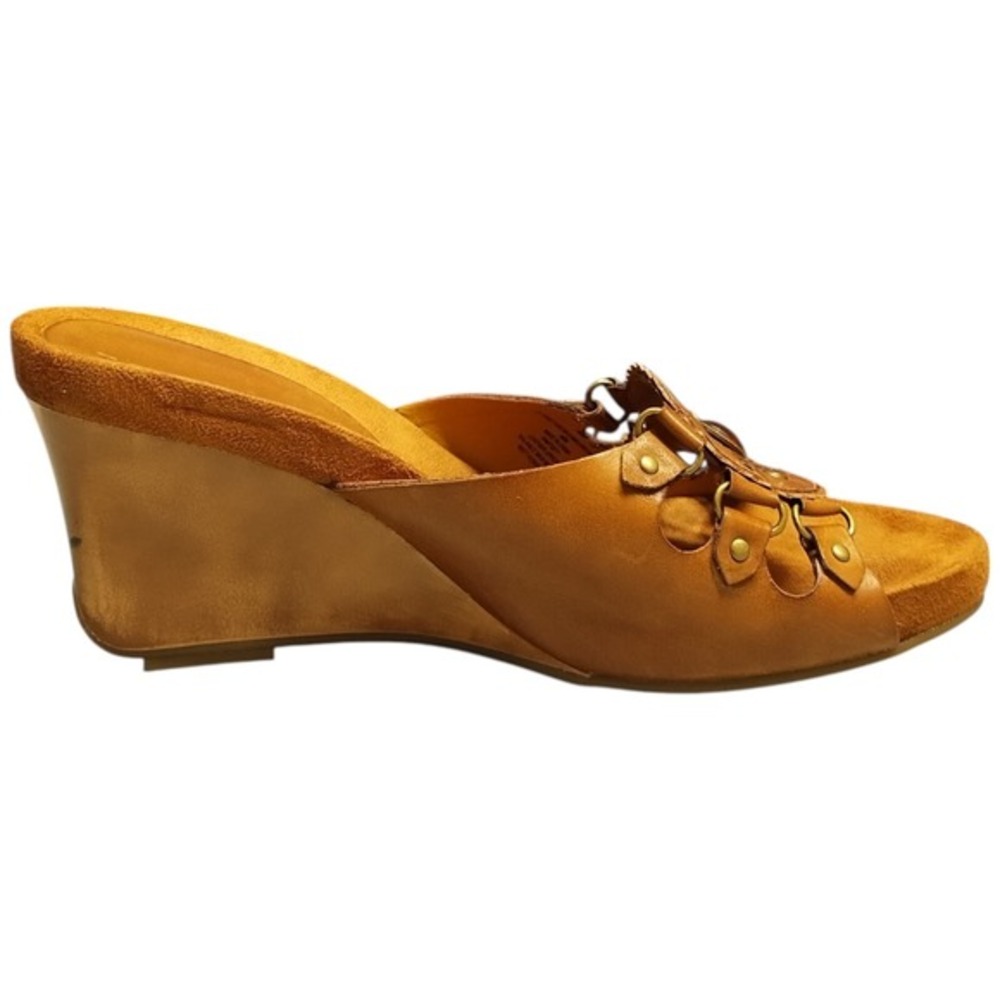Truflex Wedge Sandals Womens 9.5M Brown Leather GF-Fred Tuscan Camel Bronze EUC